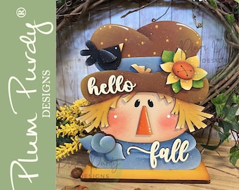 Scarecrow Shelf Sitter SVG Laser File, Hello Fall Scarecrow, Autumn SVG file, Autumn Decor Laser File, Glowforge File, Plum Purdy SVG