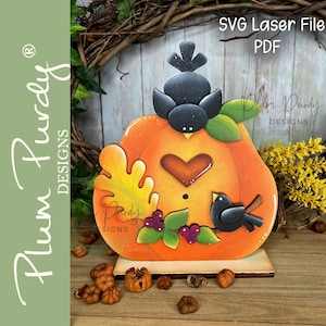 Archivo SVG láser de calabaza de otoño, decoración de otoño, calabaza para estante, calabaza para estante de otoño, cuervos, hojas de otoño, Glowforge, diseños svg de Plum Purdy
