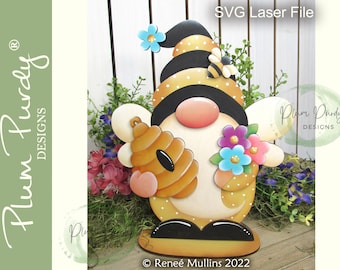 Archivo svg Bee Gnome, archivo cortado con láser, niñera de estante Bee Gnome, archivo Bee SVG, Honey Gnome, bandeja de nivel Gnome