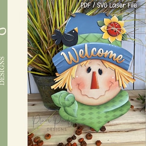 Espantapájaros SVG, colgador de puerta de Hola otoño SVG, archivo láser, espantapájaros de otoño, espantapájaros de otoño, colgador de puerta, Glowforge, cuervo, Plum Purdy