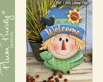 Scarecrow Svg, Hello Fall  Door Hanger SVG,  Laser File, Autumn Scarecrow, Fall Scarecrow, Door Hanger, Glowforge,  Crow, Plum Purdy