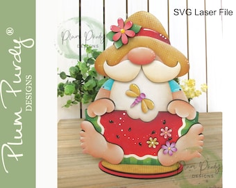 Summer Gnome shelf sitter, Watermelon Gnome, Barefoot Gnome,  Summer Gnome SVG laser file, Summer Tier Tray Gnome, Plum Purdy