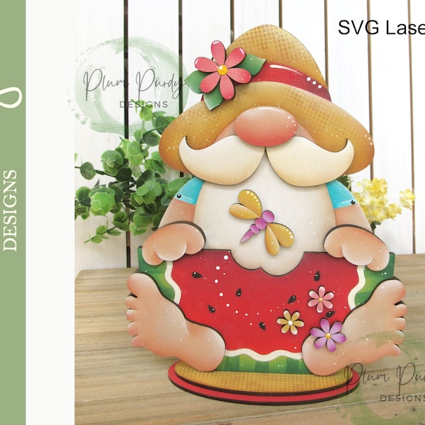 Summer Gnome shelf sitter, Watermelon Gnome, Barefoot Gnome,  Summer Gnome SVG laser file, Summer Tier Tray Gnome, Plum Purdy