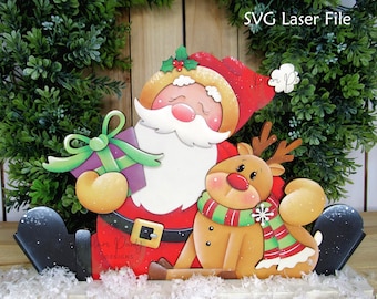 File SVG per Babbo Natale e renne da scaffale, file SVG per Babbo Natale e renne da scaffale, decorazioni natalizie, decorazioni con renne, file SVG per Natale da scaffale