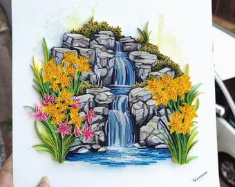 Quilled Waterfall Wall Art, 3D Framed Paper Landscape