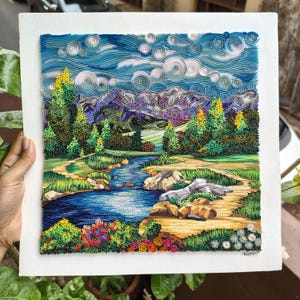 Decorazione murale in carta quilling "Nell'abbraccio della natura", arte murale panoramica, arte su carta, arte multimediale, arte paesaggistica, arte su carta incorniciata in 3D
