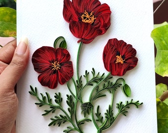 Quilled Poppies Wall Art, 3D Framed Paper Flowers, Home Decor