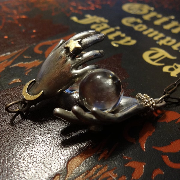 sterling victorian single hand cottage witch quartz crystal ball orb affirmation wishing necklace pools of light 925