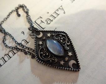sterling rainbow moonstone and champagne diamond moon star art nouveau victorian style necklace OOAK 925