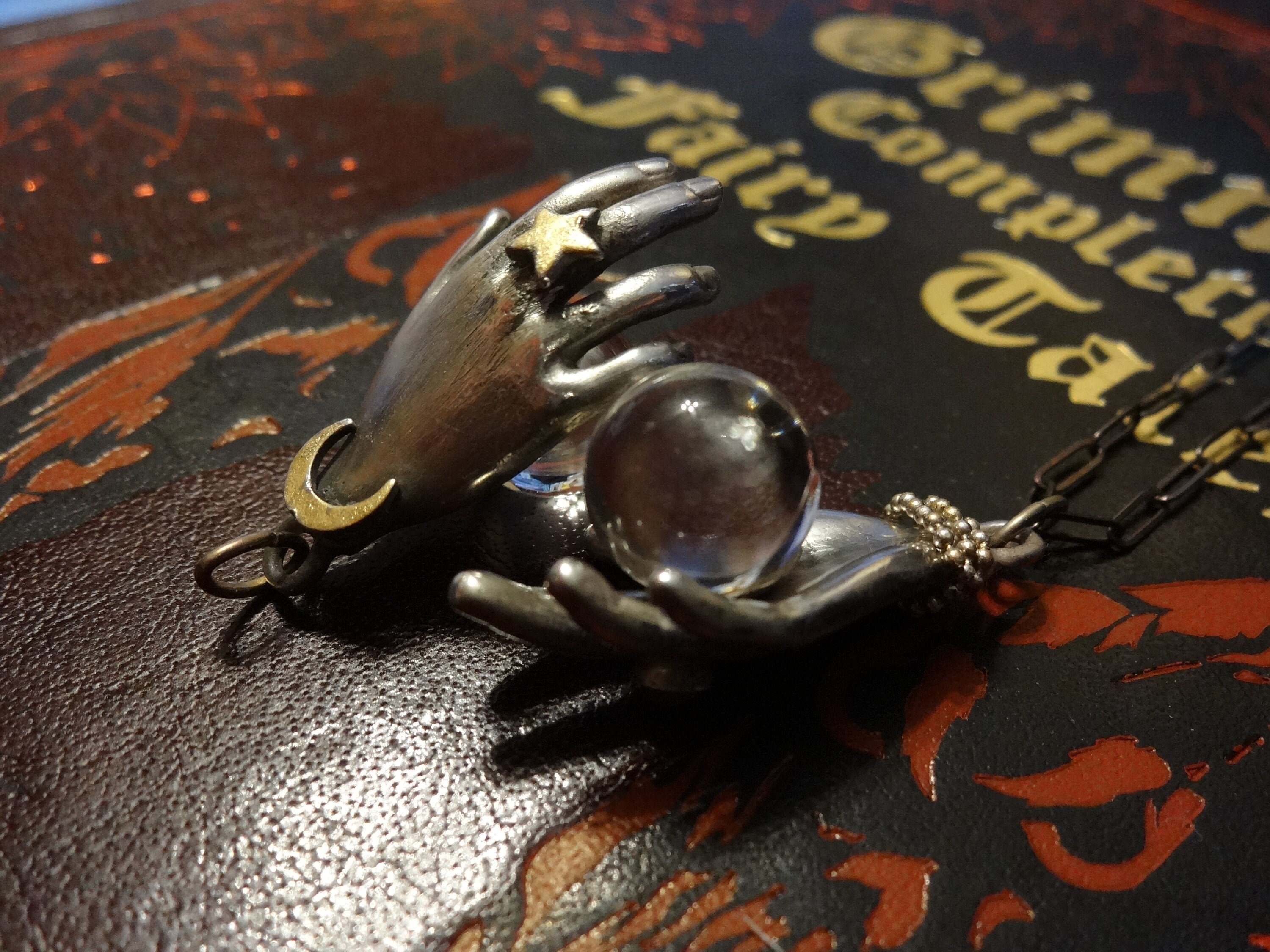 sterling victorian single hand cottage witch quartz crystal ball orb affirmation wishing necklace pools of light 925