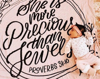 She Is More Precious Than Jewels - Baby Muslin Swaddle Blanket- Bamboo & Organic Cotton - Bible Verse Swaddle - CPSC/GOTS - 47 in x 47 in