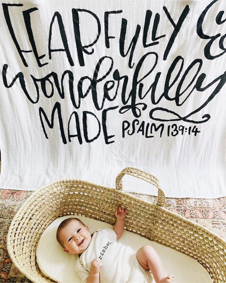 Fearfully And Wonderfully Made Muslin Baby Swaddle Blanket Bamboo & Organic Cotton Bible Verse Swaddle CPSC/GOTS 47 in x 47 in image 2