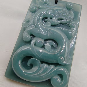 Icy Ice Bluish Green 100% Natural Jadeite Jade Dragon Pendant # 308.10 carat #