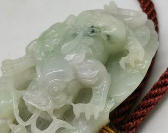 Hollow Hand Carved Icy Ice Light Green Burma Jadeite Jade PI-XIU Hand Piece 101g