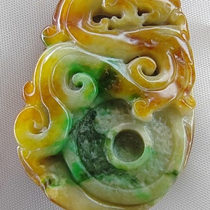 Icy Yellow & Green 100% Natural Burma Jadeite Jade Dragon Pendant # 95.00 carat #