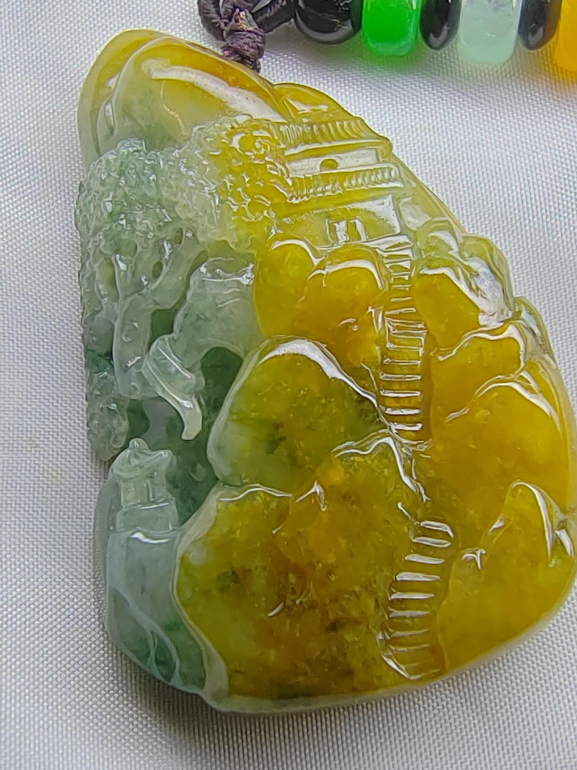 Icy Ice Yellow & Green Jadeite Jade Landscapes Pendant # 51.41g # 257.05 carat #