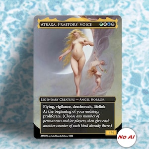 May include: A collectible trading card titled Atraxa, Praetors' Voice, featuring a classical painting of a blonde figure with long hair and two small winged beings. The card includes black text boxes with game rules, mana symbols, and a 4/4 power rating.