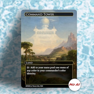 May include: A rectangular trading card titled Command Tower featuring a landscape painting of a white domed structure atop a mountain range. The card text reads Land and describes adding one mana of any color to your mana pool. Art by Thomas Cole.