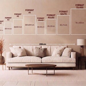 a living room with a large couch, a coffee table, and a lamp. The couch is positioned in front of a wall with a series of format sizes and dimensions written on it, indicating different sizes of the couch.