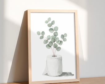 Poster Toilette mit Eukalyptus in Klopapierrolle Aquarell Illustration als charmante WC Deko oder Geschenkidee Wandbild Gästeklo Klo Bad 