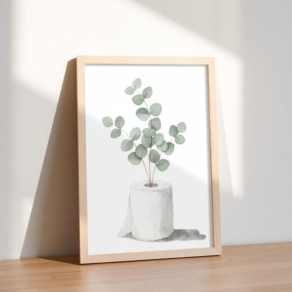 Poster Toilette mit Eukalyptus in Klopapierrolle Aquarell Illustration als charmante WC Deko oder Geschenkidee Wandbild Gästeklo Klo Bad