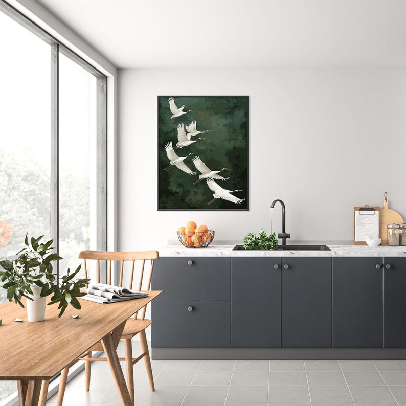 Vogel Poster Kraniche grüner Hintergrund Kunst Natur Wandbild elegante Deko für Schlafzimmer Geschenkidee für Naturliebhaber Smaragd Grün afbeelding 12