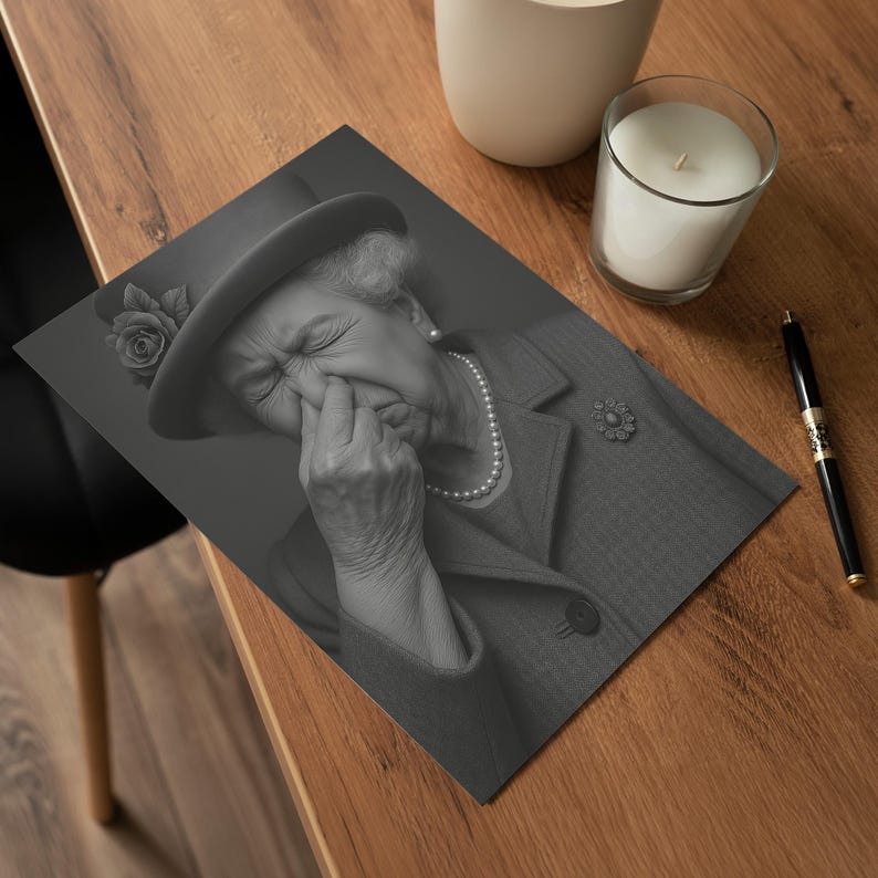 Lustiges Toilettenbild "Queen Elizabeth" hält Nase zu | Motiv für Gäste WC Badezimmer Wanddeko witziges Poster humorvolle Kunst | Es stinkt image 17