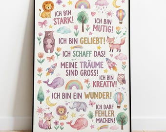 Affirmationsposter Mädchen für Kinderzimmer Tiere Wandbild Mutmacher mit positiven Glaubenssätzen Geschenk zur Taufe oder Einschulung Rosa