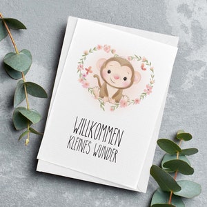 Karte zur Geburt - Glückwunschkarte Baby | Willkommen kleines Wunder | Motiv: Äffchen | | Jungen Mädchen| DIN A6 mit Briefumschlag