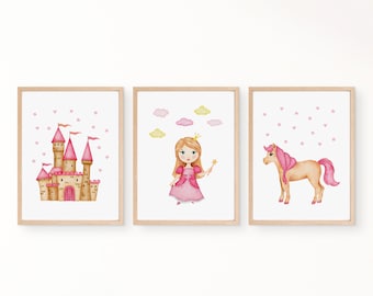 Poster Set für Kinderzimmer Mädchen 3er Set | Prinzessin Pferde Märchen| Bild, Wandbilder, Kunstdruck, Digitaldruck | DIN A4  DIN A3