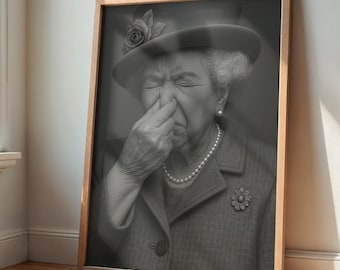 Lustiges Toilettenbild "Queen Elizabeth"  hält Nase zu | Motiv für Gäste WC Badezimmer Wanddeko witziges Poster humorvolle Kunst | Es stinkt