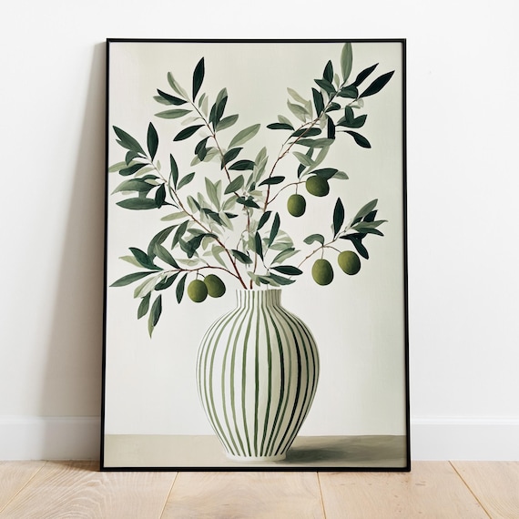 Olivenzweig Poster mediterrane Wandkunst modern Botanical Print skandinavisch Wohnzimmer Deko Kunstdruck mit Vase im Scandi Design