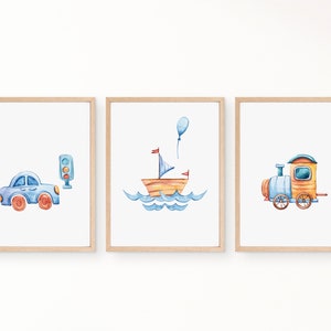 Poster Set for Children's Room Boys Set Cars Trains Ships Image, murals, art print, digital printing Watercolour in DIN A4 DIN A3 image 1