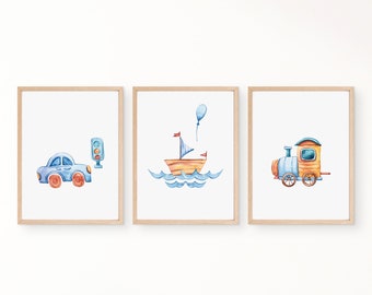 Poster Set für Kinderzimmer Jungen Set | Autos Züge Schiffe | Bild, Wandbilder, Kunstdruck, Digitaldruck | Aquarell in DIN A4  DIN A3