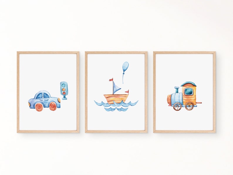 Poster Set for Children's Room Boys Set Cars Trains Ships Image, murals, art print, digital printing Watercolour in DIN A4 DIN A3 image 1