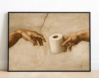 Lustiges Toiletten Poster mit Klopapier Michelangelo Parodie der Erschaffung Adams witzige Wanddeko für Gäste WC oder Badezimmer Gästeklo