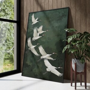 Vogel Poster Kraniche grüner Hintergrund Kunst Natur Wandbild elegante Deko für Schlafzimmer Geschenkidee für Naturliebhaber Smaragd Grün afbeelding 5