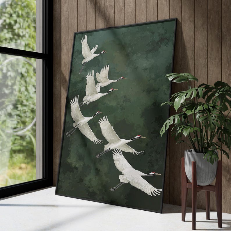 Vogel Poster Kraniche grüner Hintergrund Kunst Natur Wandbild elegante Deko für Schlafzimmer Geschenkidee für Naturliebhaber Smaragd Grün afbeelding 5