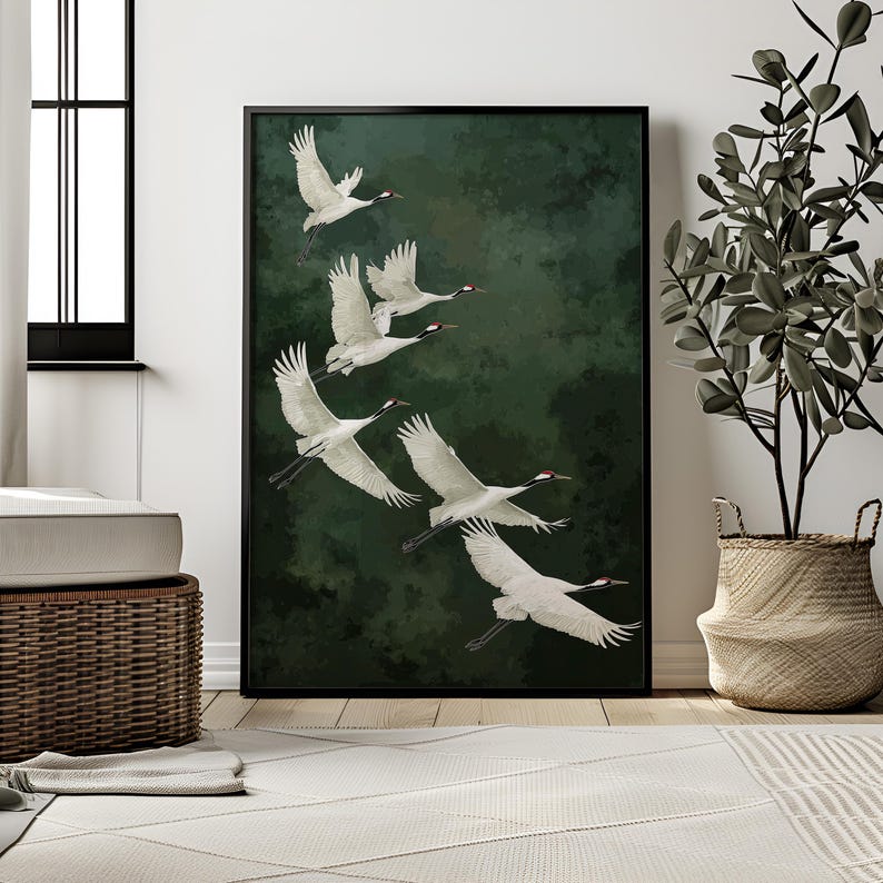 Vogel Poster Kraniche grüner Hintergrund Kunst Natur Wandbild elegante Deko für Schlafzimmer Geschenkidee für Naturliebhaber Smaragd Grün afbeelding 8