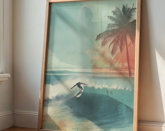 May include: Framed art print depicting a surfer riding a wave, with a palm tree silhouette and a sunset in the background. The artwork has a vintage, distressed aesthetic, with a wooden frame. The color palette includes shades of blue, orange, and brown.
