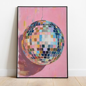 The image is a vibrant and colorful painting of a disco ball, featuring a multitude of multicolored squares that create a lively and dynamic visual effect.