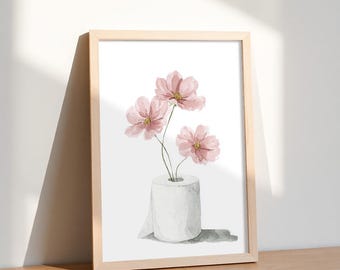 Poster Toilette mit rosa Blumen in Klopapierrolle Aquarell Illustration als charmante WC Deko oder Geschenkidee Wandbild Gästeklo Klo Bad 