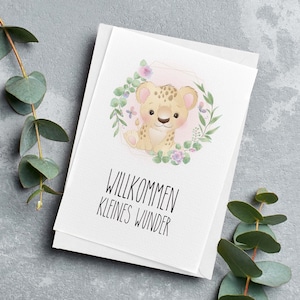 Karte Geburt | Willkommen kleines Wunder | Motiv: Leopard | Glückwunschkarte | Baby Geburt | Jungen & Mädchen | DIN A6 mit Briefumschlag