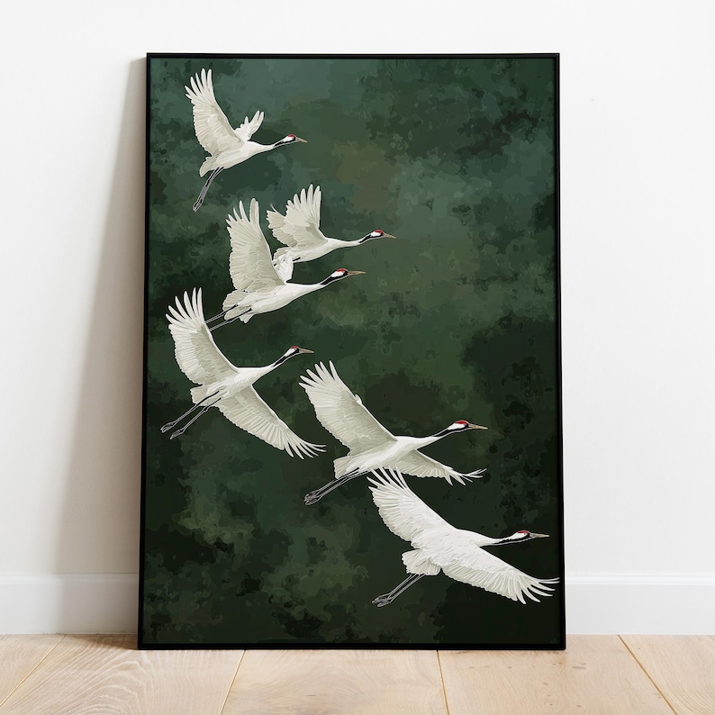 Vogel Poster Kraniche grüner Hintergrund Kunst Natur Wandbild elegante Deko für Schlafzimmer Geschenkidee für Naturliebhaber Smaragd Grün afbeelding 1