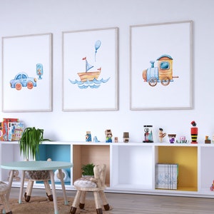 Poster Set for Children's Room Boys Set Cars Trains Ships Image, murals, art print, digital printing Watercolour in DIN A4 DIN A3 image 2