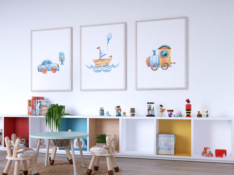 Poster Set for Children's Room Boys Set Cars Trains Ships Image, murals, art print, digital printing Watercolour in DIN A4 DIN A3 image 2