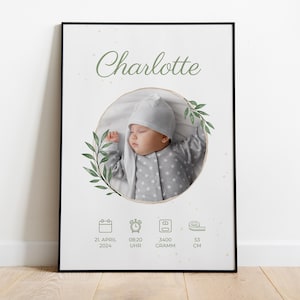 Personalisiertes Geburtsdaten Poster mit Foto und Namen als Geschenk zur Geburt Namensposter Wanddeko für Babyzimmer Rahmen optional und PDF