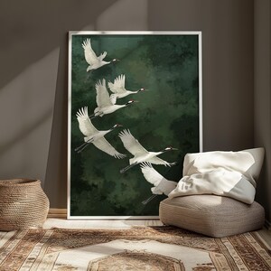Vogel Poster Kraniche grüner Hintergrund Kunst Natur Wandbild elegante Deko für Schlafzimmer Geschenkidee für Naturliebhaber Smaragd Grün afbeelding 4