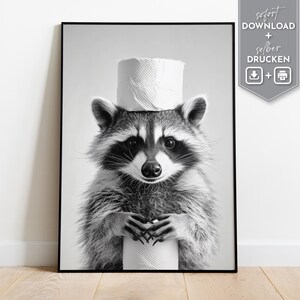 Humorvolles Badezimmer-Poster mit Waschbär und Toilettenpapier – Lustige Schwarz-Weiß-Wandkunst digitaler Download fürs Gästebad Gäste-Klo