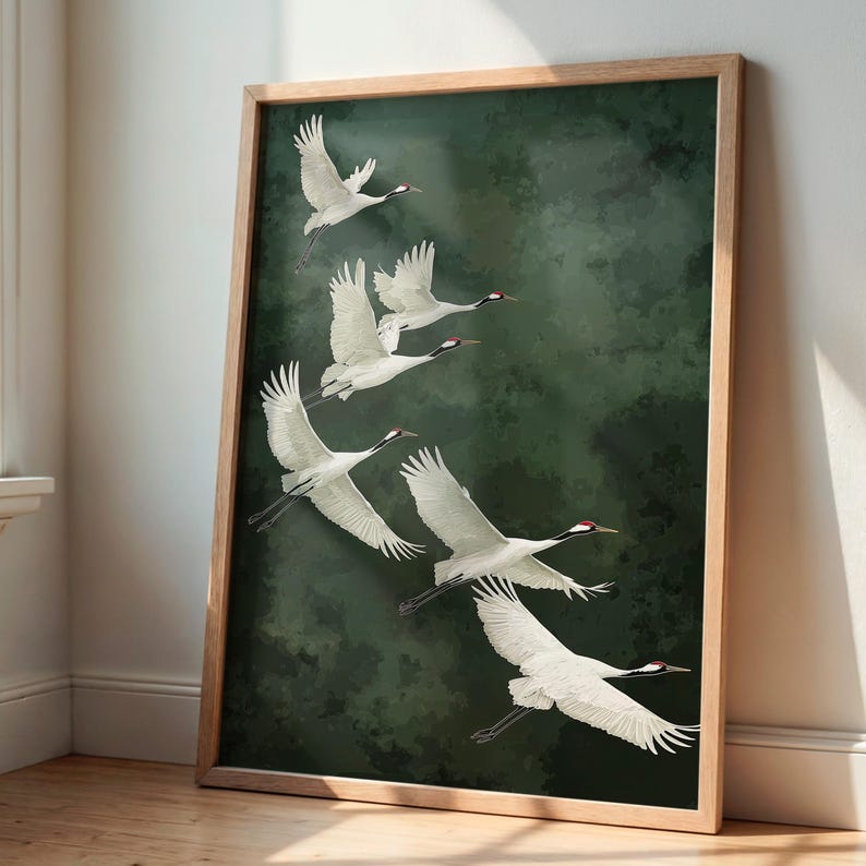 Vogel Poster Kraniche grüner Hintergrund Kunst Natur Wandbild elegante Deko für Schlafzimmer Geschenkidee für Naturliebhaber Smaragd Grün afbeelding 3